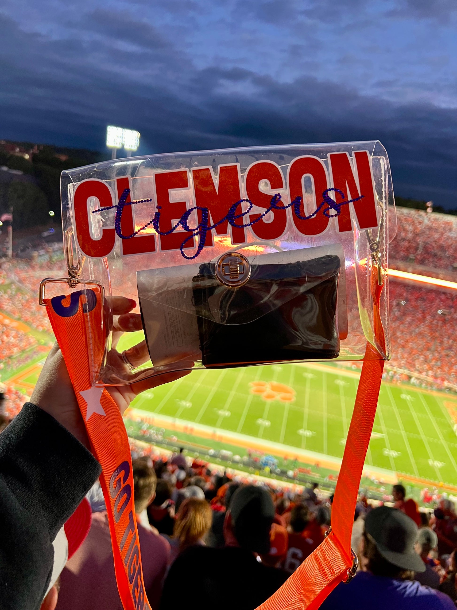 College Jewelry: CK'S CUSTOMS - Rhinestoned Clear Stadium Approved Bags - 7  Bag Options - Fan Glam